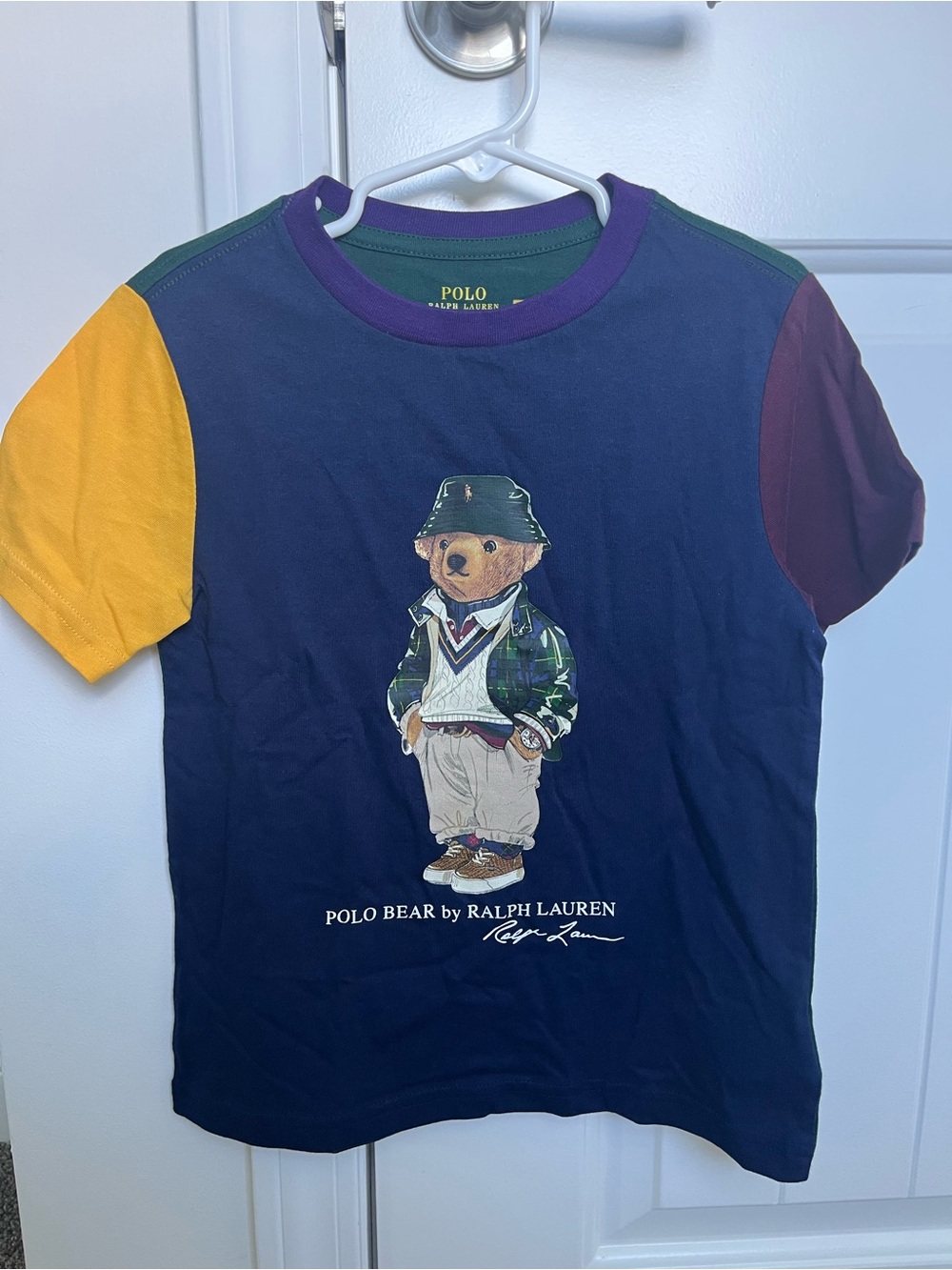 Polo by Ralph Lauren Navy Polo Bear Colorblock Tee with Yellow & Purple Accents